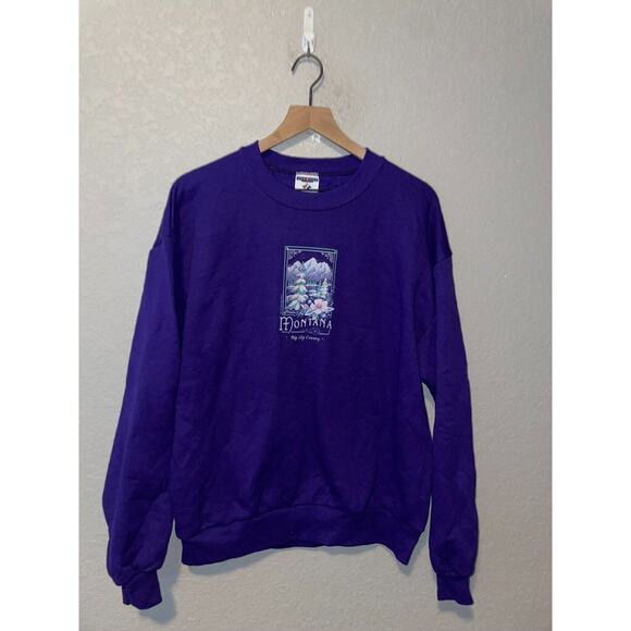 Jerzees Sweaters - 90s Vintage Jerzees Montana Big Sky Country Purple Graphic Sweatshirt VTG 1990s